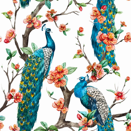 Chesserg peacocks and flowers on a White background wallpaper mural | WallpaperMural.com
