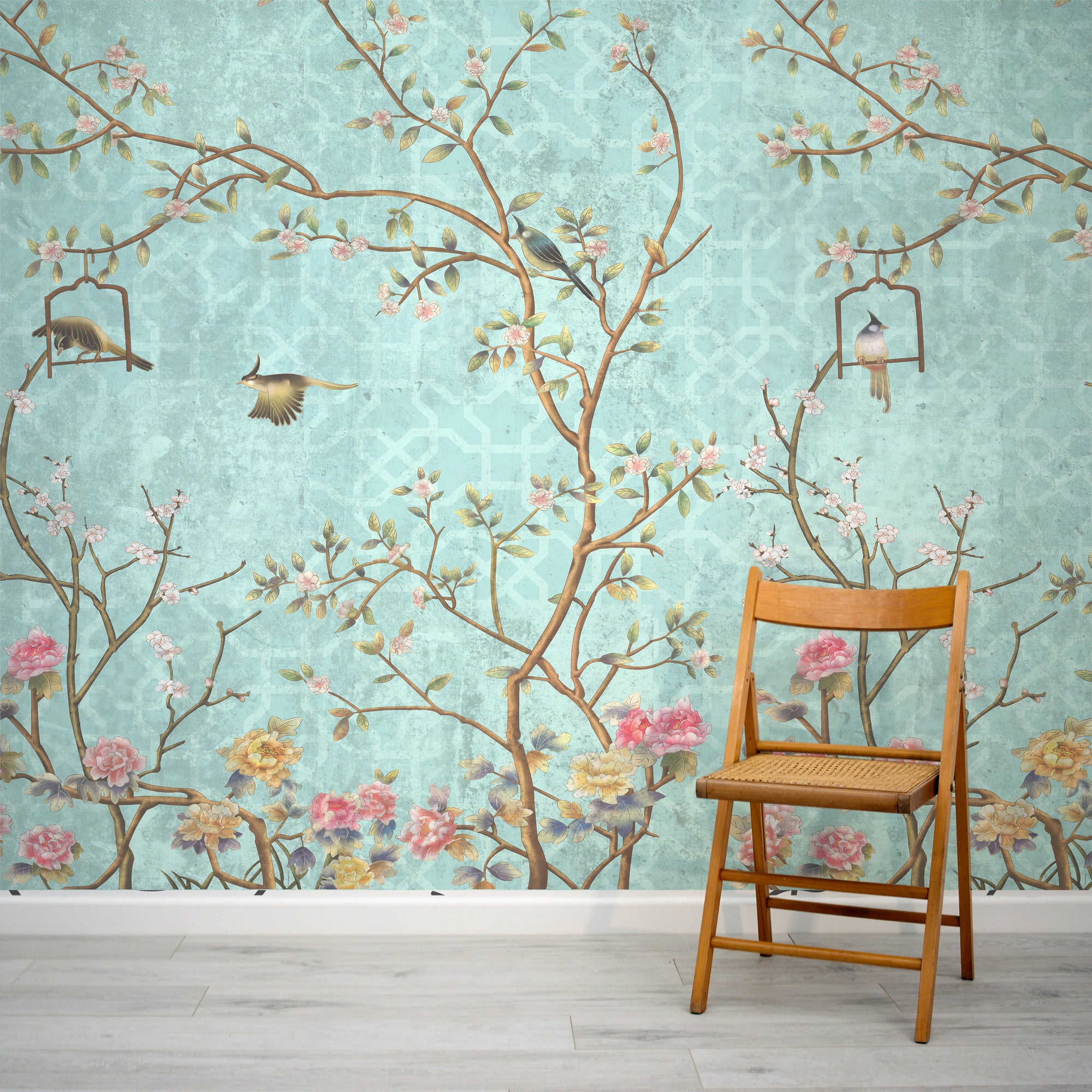 Fleurs de peinture à l'huile et oiseaux Floral Wallpaper Wall Mural,  Abstract Shabby Retro Cherry Branches with Resting Birds Wall Mural Wall  Decor -  France