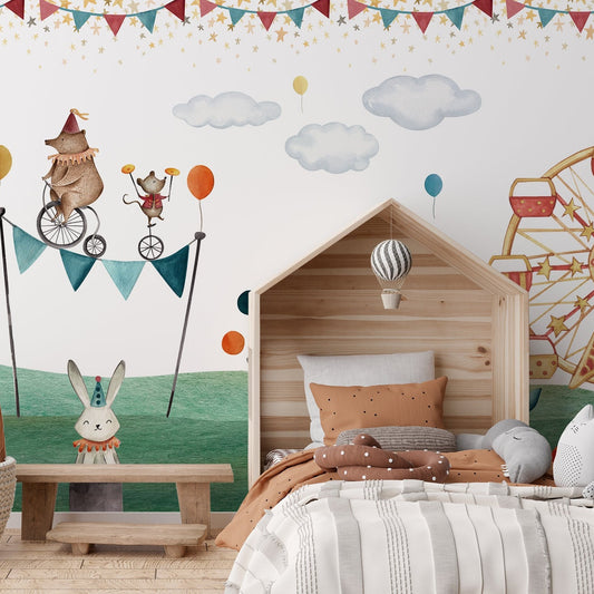 Circus Childrens Room With Teddy Bears and Wooden Bed Frame