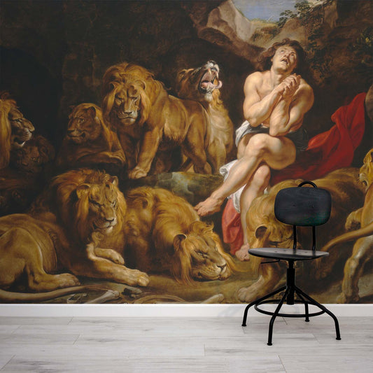 Classic oil painting with lions and red blanket by WallpaperMural.com