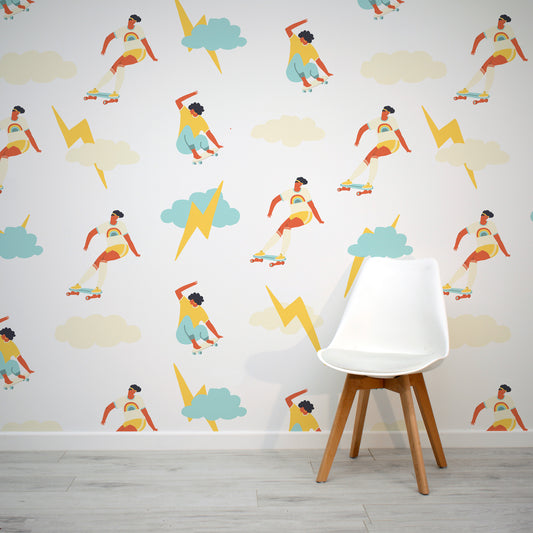 Coeval lightning bolts and skateboarders quirky wallpaper mural by WallpaperMural.com