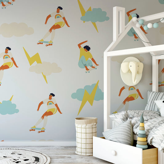 Coeval wallpaper mural in a childrens bedroom with a wooden bed frame | WallpaperMural.com