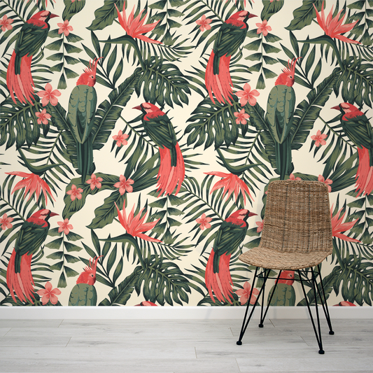 Pink & Green Tropical Leaves Cognole Wallpaper Mural with Rattan Chair