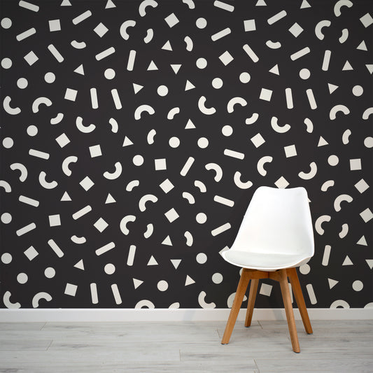 Black & White Shapes Pattern Colowron Wallpaper Mural with White Chair