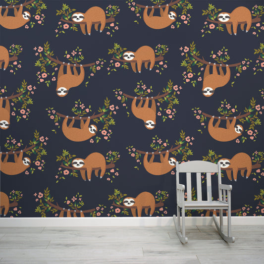 Cartoon Sloths & Flowers Compous Wallpaper Mural with Kid's Chair