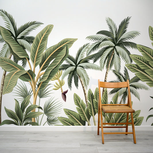 Tropical Trees Concure Wallpaper Mural with Folding Chair