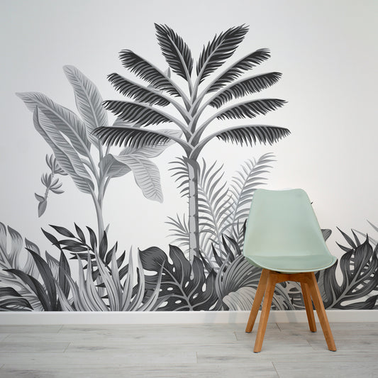 Tropical Etched Concure Mono Wallpaper Mural with Green Chair