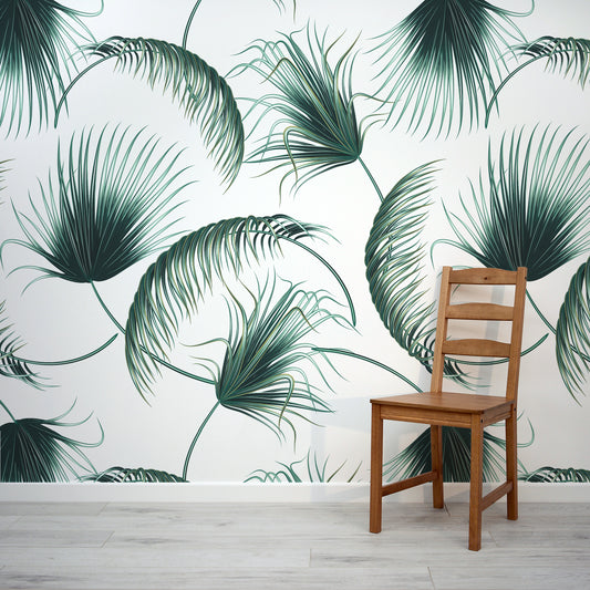 Green & White Tropical Palm Leaves Congo Wallpaper Mural with Dining Chair