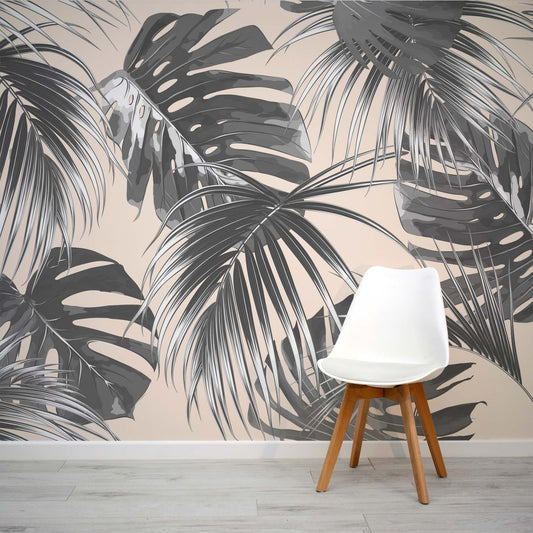 Copacabana Cinza - Mural de papel pintado de hojas tropicales de color gris y crema