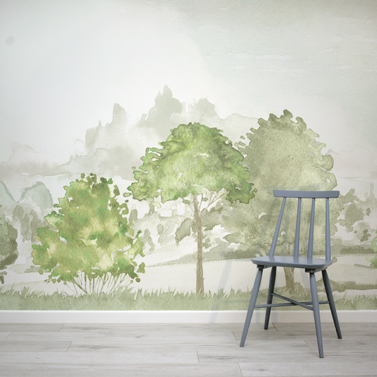 Cotswold Watercolour Trees Wallpaper Mural With a blue chair 