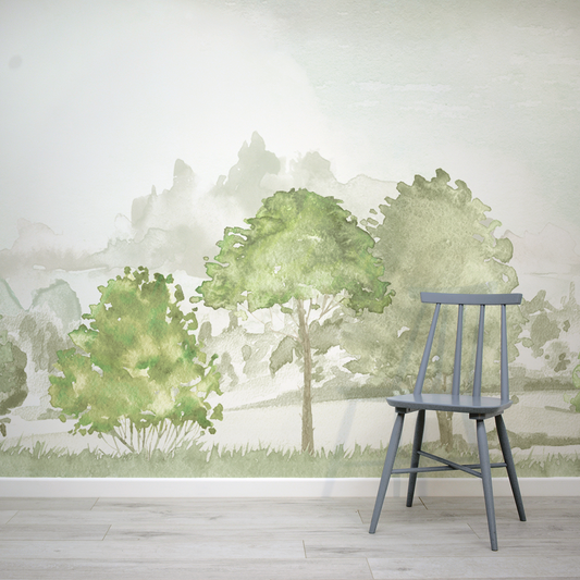 Cotswold Watercolour Trees Wallpaper Mural With a blue chair