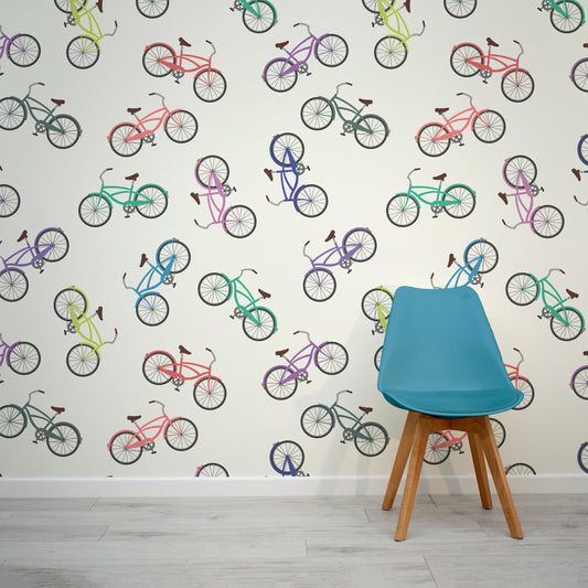 Cracties Bicycle Bike Pattern Wallpaper Mural with Blue Chair