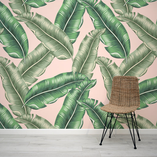Cremons Peach Palm Leaves Wallpaper Mural with Rattan Chair