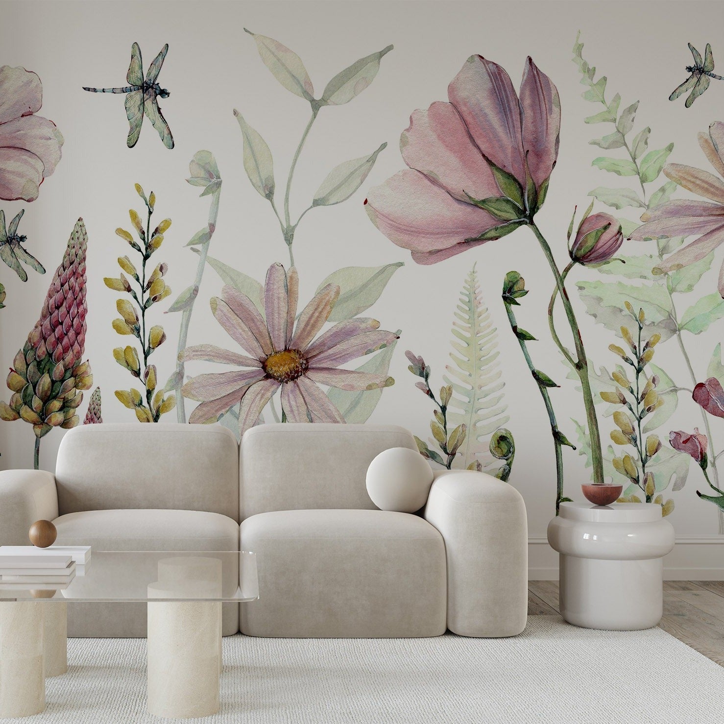 Wall Mural - Pink Watercolour Flowers - Traditional Wallpaper (Paste-the-wall) - Made to Measure