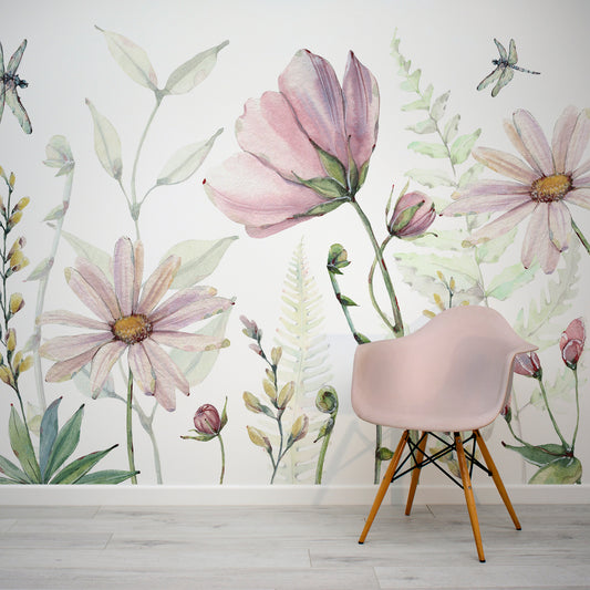 Daisy - Pink Watercolour Flowers Wallpaper Mural with Pink Chair