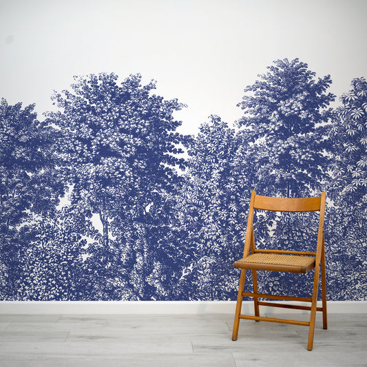 Deciduous Blue - Royal Blue Panoramic Etched Trees Scene Wallpaper Mural with Folding Chair