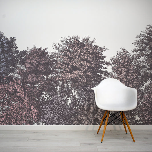 Deciduous Spring - Pastel Panoramic Etched Trees Scene Wallpaper Mural with White Chair