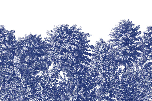 Deciduous Blue - Royal Blue Panoramic Etched Trees Scene Wallpaper Mural Full Artwork