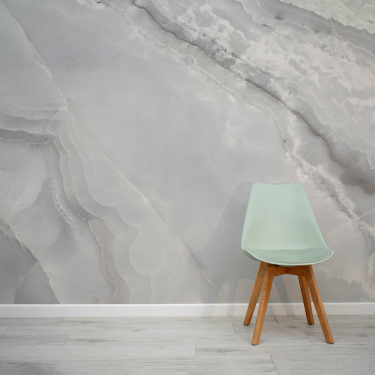 Deric Grey Marble Wallpaper Mural with Green Chair