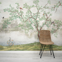 Derous Trees & Birds on a Lake Wallpaper Mural with Rattan Chair