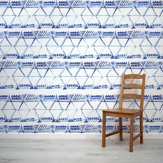 Descry Blue Watercolour Line Pattern Wallpaper Mural with Dining Chair