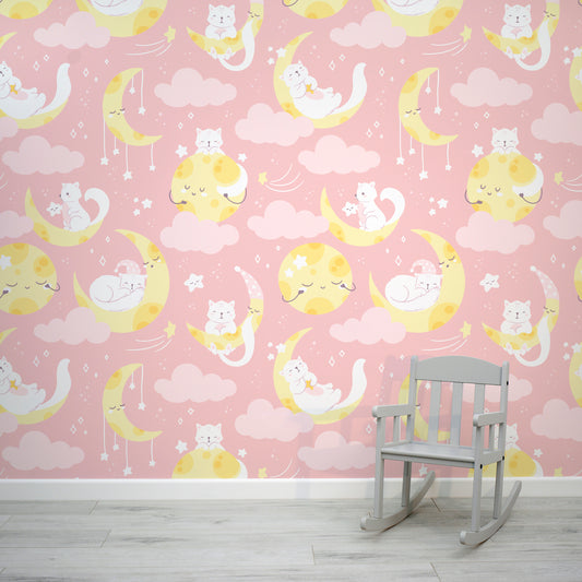 Detarrist Pink Cats & Moon Children's Wallpaper Mural with Kid's Chair