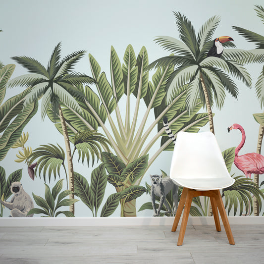 Diggra Palm Trees and Animals Wallpaper Mural with White Chair