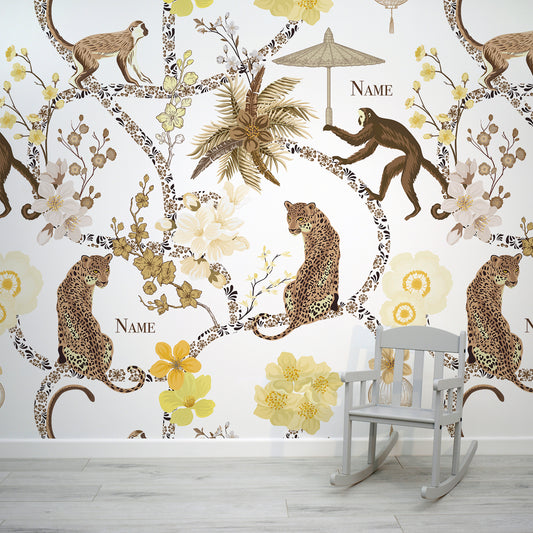 Dina Custom Name Monkey & Leopard Brown Floral Boho Wall Mural with Grey Baby Chair