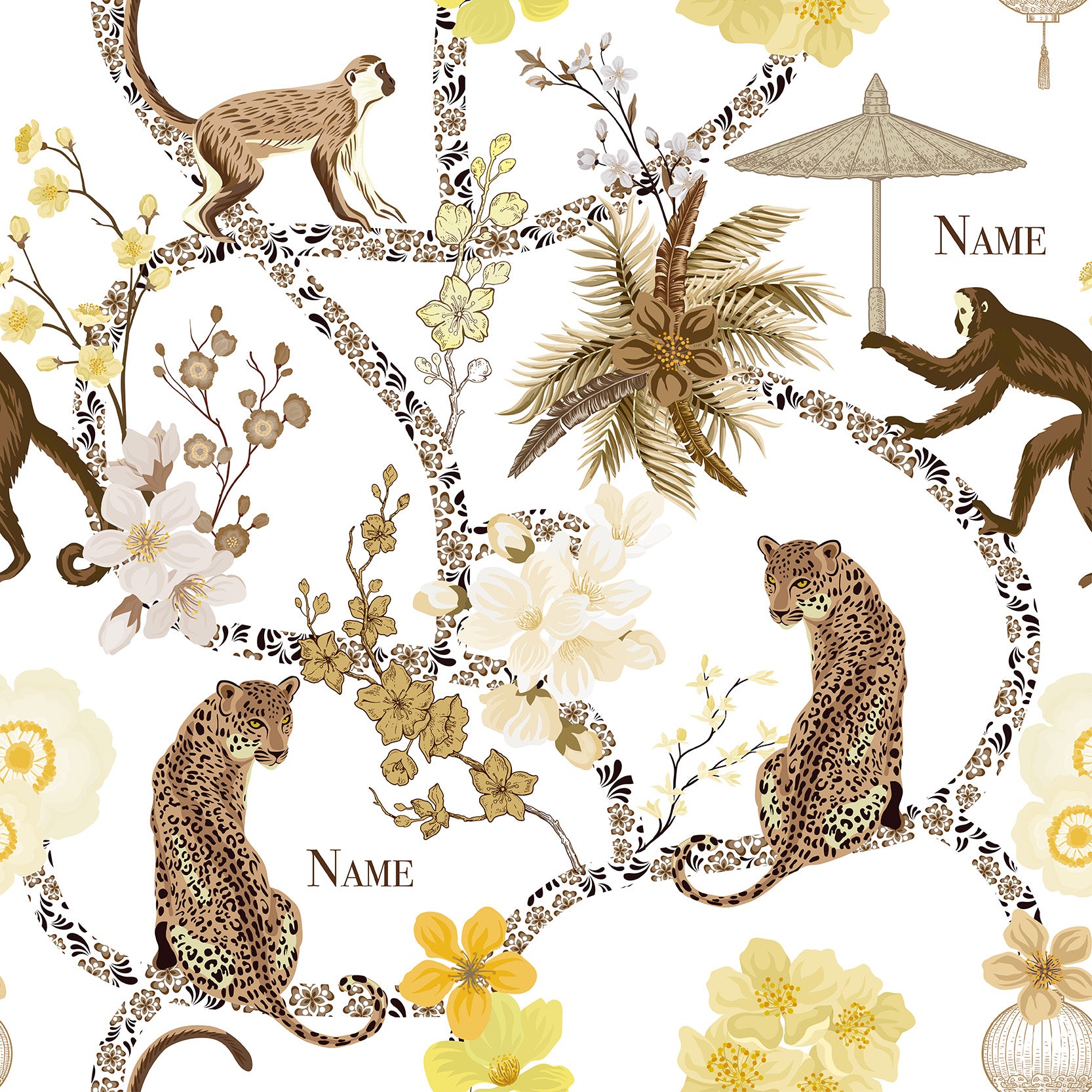 Dina Custom Name Monkey & Leopard Brown Floral Boho Full Artwork