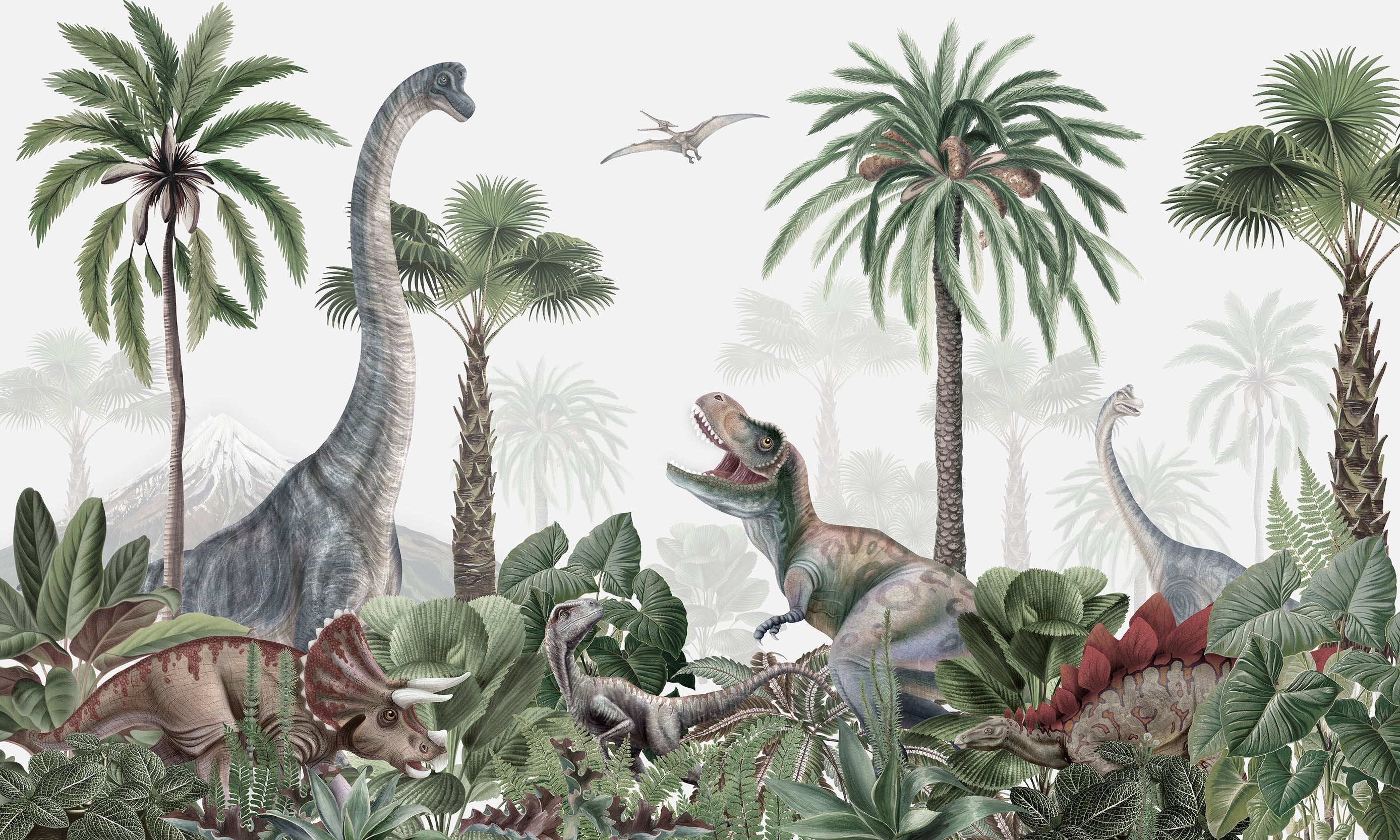 Dinosaur Jungle - Dinosaurs and Trees Watercolour Illustration Wallpaper Mural Full Artwork