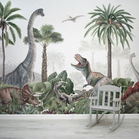 Dinosaur Jungle - Dinosaurs and Trees Watercolour Illustration Wallpaper Mural with Baby Chair
