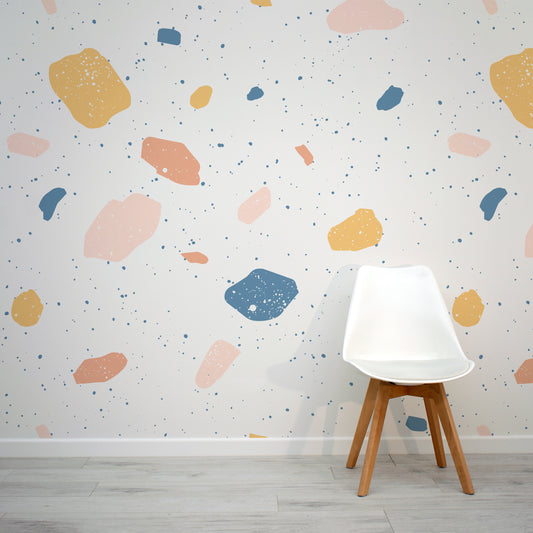 Dohi Multi-Coloured Terrazzo Spot Wallpaper Mural with White Chair