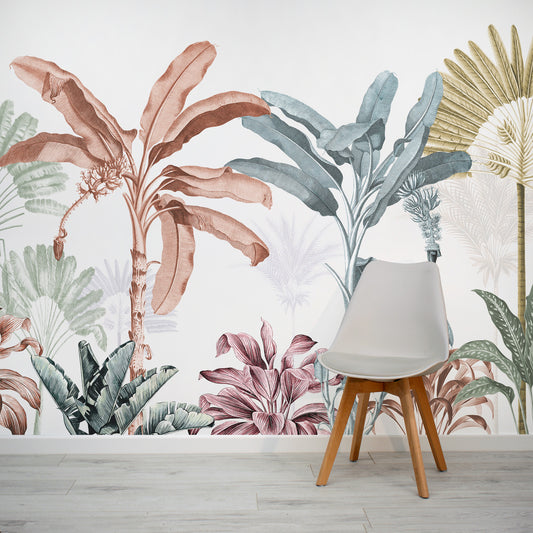 Colourful maroon and teal vintage tropical wallpaper mural from wallpapermural.com