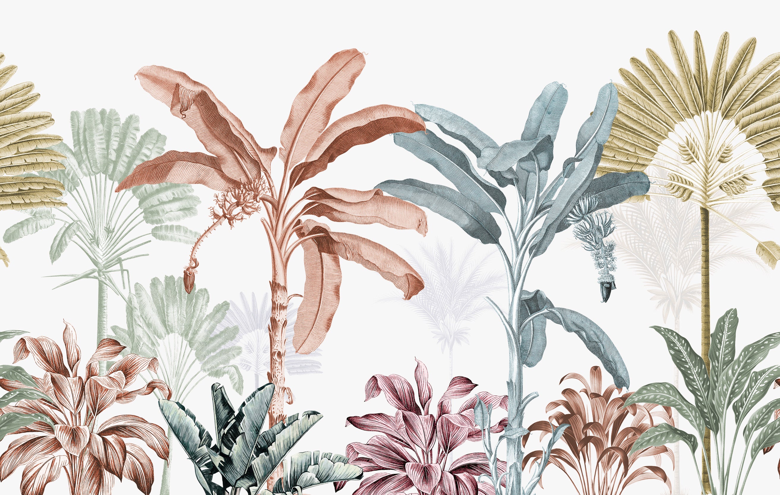 colourful marron and teal vintage tropical wallpaper mural