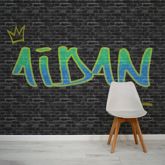 Dondi - Personalised Teen's Brick Graffiti Wall Wallpaper Mural with Grey Chair