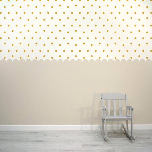 Dotty Scallops Beige - Neutral Scalloped Edge with Mustard Dots Wallpaper Mural with Baby Chair