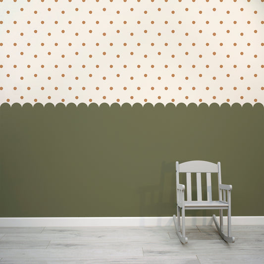 Dotty Scallops Green - Forest Green Scalloped Edge with Terracotta Dots Wallpaper Mural with Baby Chair