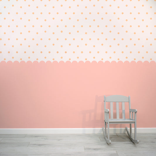 Dotty Scallops Pink - Pink Scalloped Edge with Yellow Dots Wallpaper Mural with Baby Chair