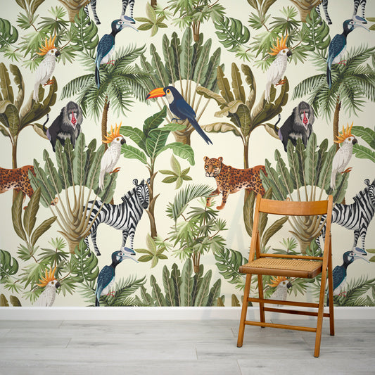 Dreaker Animals Jungle Wallpaper Mural with Folding Chair