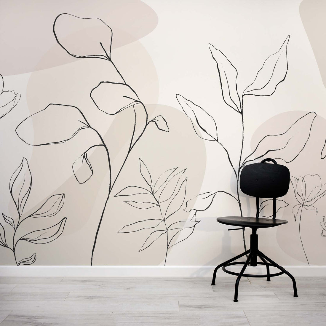 Dusty Botany beige abstract wall mural with outlined leaves by WallpaperMural