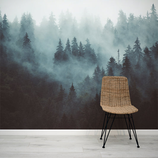 Easurven Foggy Forest Wallpaper Mural with Rattan Chair