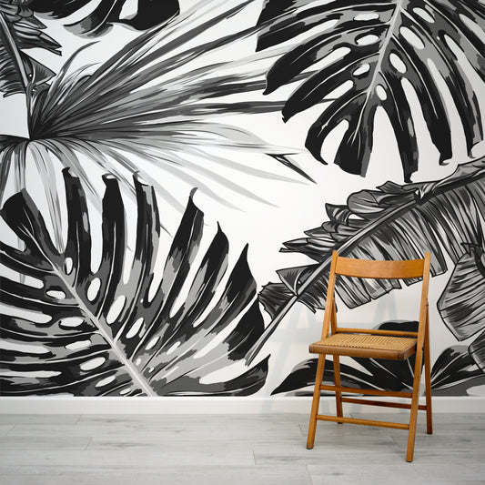 Ebony Black and Grey Large Tropical Leaves Wallpaper Mural with Folding Chair