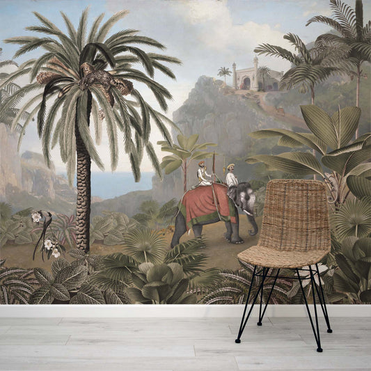 Elephant elegance tropical landscape scene wall mural from WallpaperMural.com