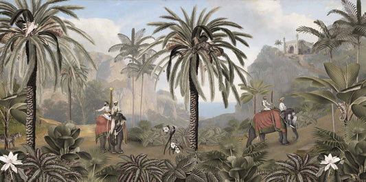 Tropical elephant scene wall mural from WallpaperMural.com