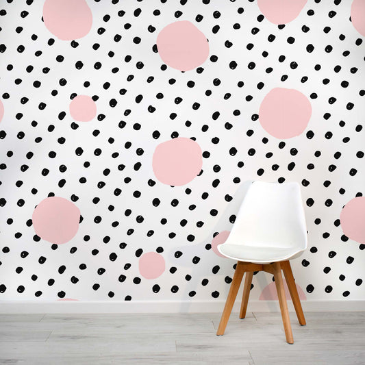 Ella - Pink and Black Speckle and Polka-Dot Children's Wallpaper Mural