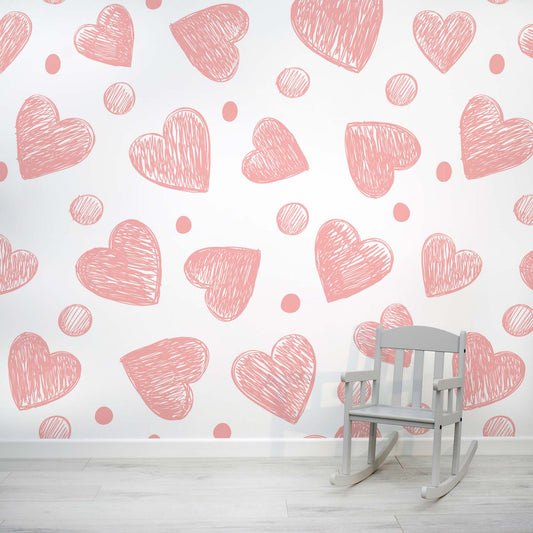 Elsie - Pink Girls Doodle Love Hearts and Polka Dot Wallpaper Mural