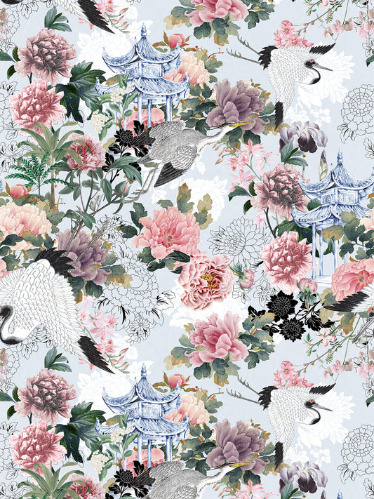 Blue Chinoiserie Wallpaper with Crane and flowers