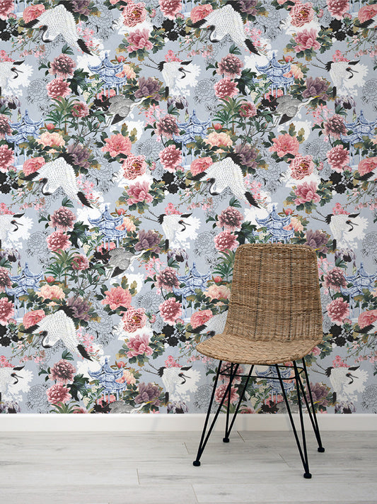 Grey Chinoiserie Wallpaper with Crane