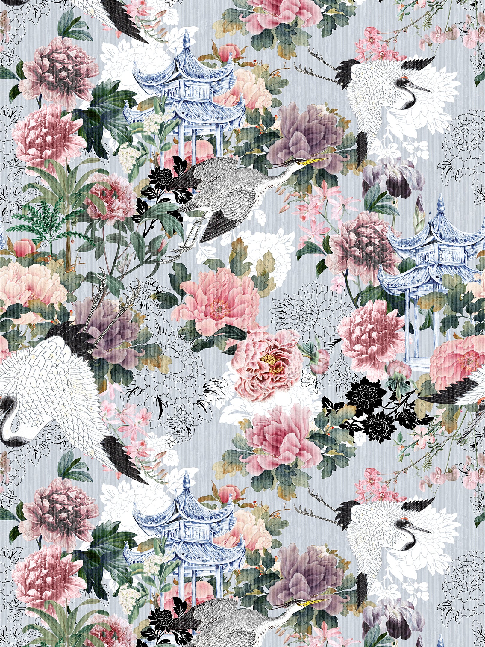 Grey Chinoiserie Wallpaper with Crane