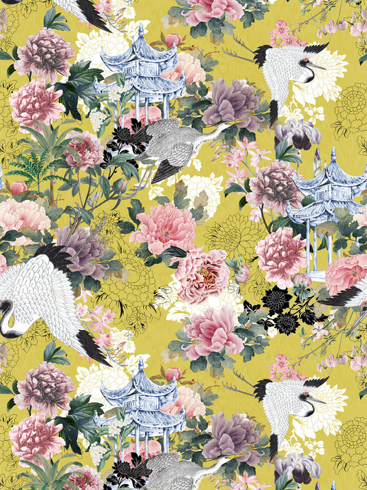 Mustard Chinoiserie Wallpaper with Crane